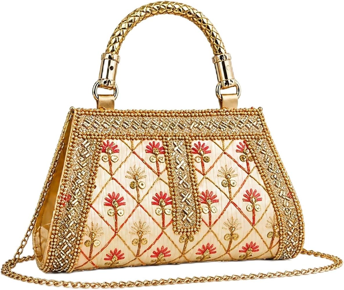 Bridal embroidered zari clitch with sling chain